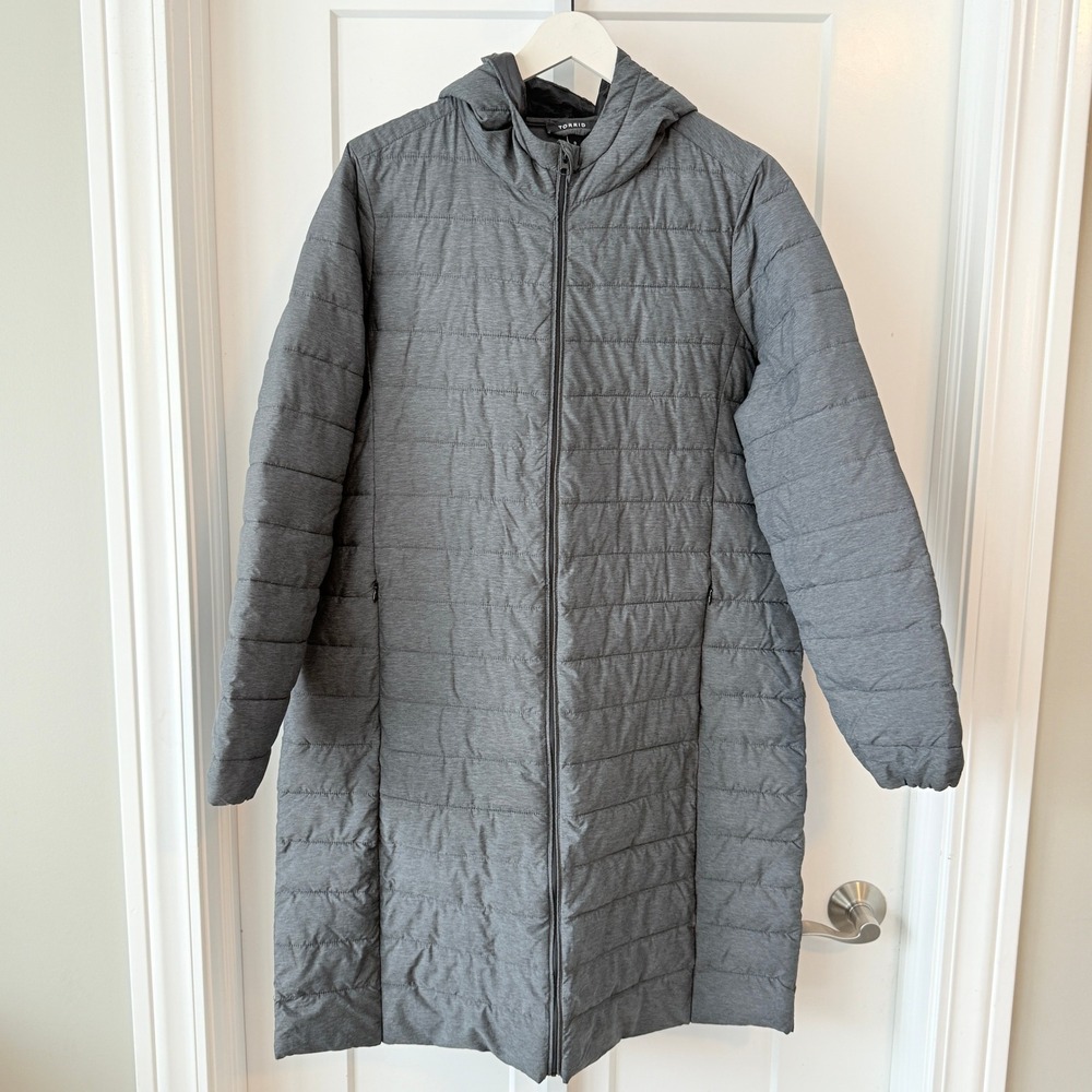 Torrid Womens Grey Hooded Puffer Coat Longline Quilted Size Plus 0